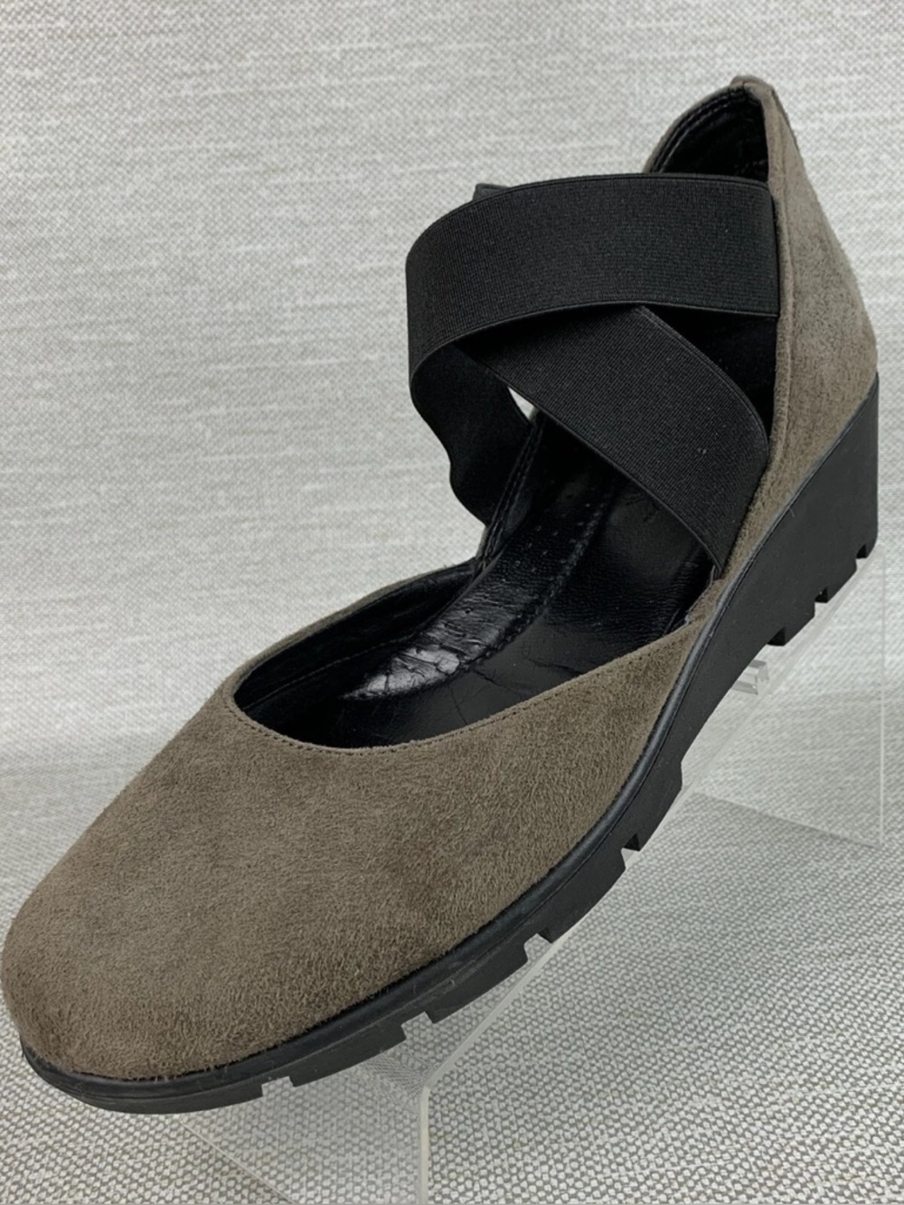 THE FLEXX Taupe Suede Wedge Mary Jane with Black Elastic Cross Straps